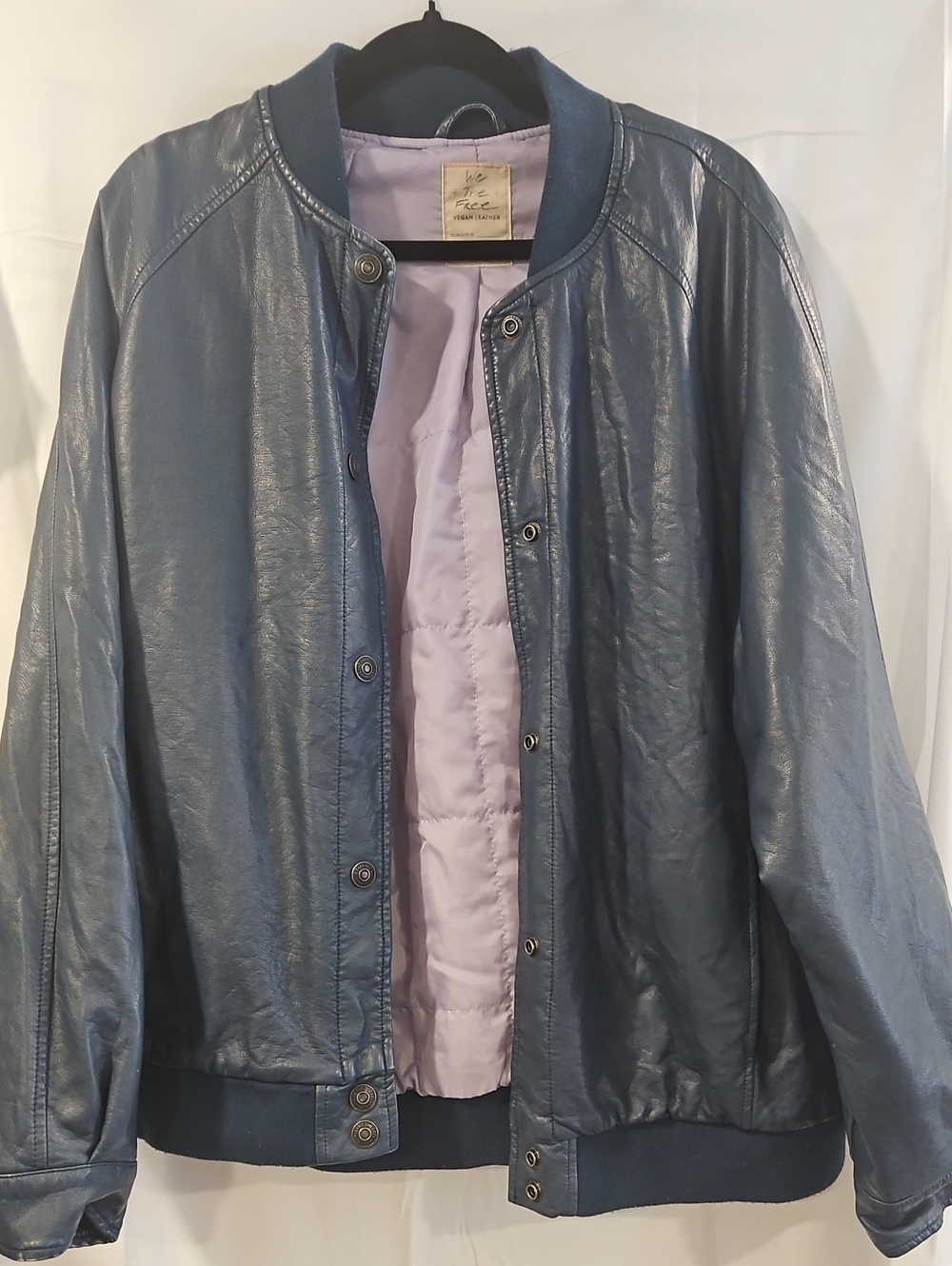 Free People Steel Blue Leather Bomber with Lilac Lining